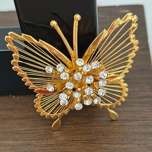 Vintage Monet Gold Tone Butterfly Brooch with Sparkling Accents